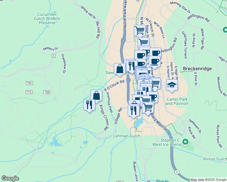 map of restaurants, bars, coffee shops, grocery stores, and more near 320 Primrose Path in Breckenridge