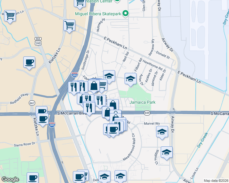 map of restaurants, bars, coffee shops, grocery stores, and more near 5010 Catalina Drive in Reno