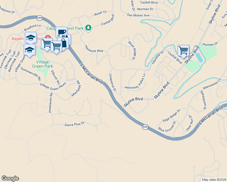 map of restaurants, bars, coffee shops, grocery stores, and more near 2697 Chaparral Drive in Reno