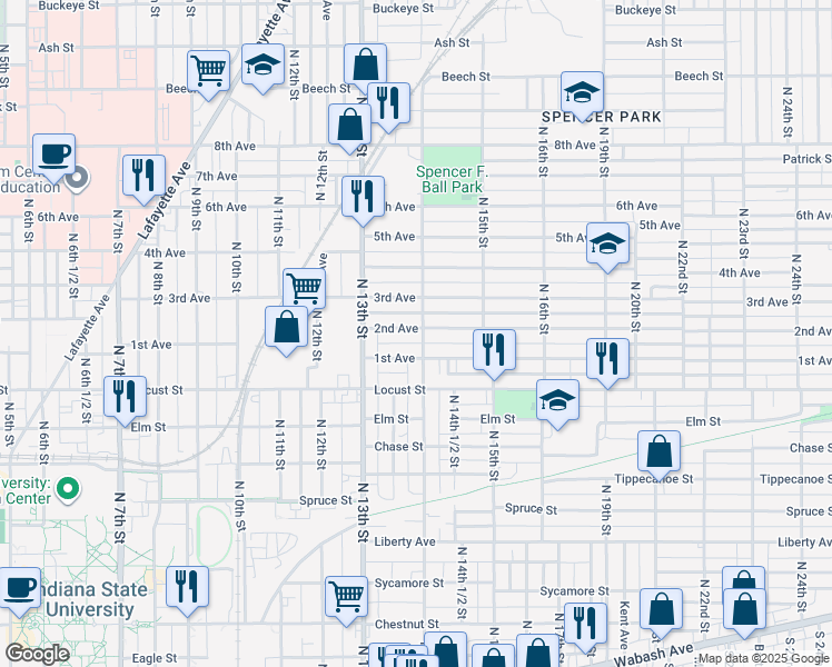 map of restaurants, bars, coffee shops, grocery stores, and more near 1352 1st Avenue in Terre Haute