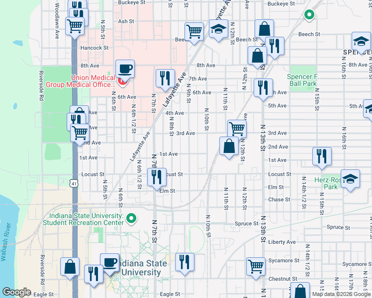map of restaurants, bars, coffee shops, grocery stores, and more near in Terre Haute