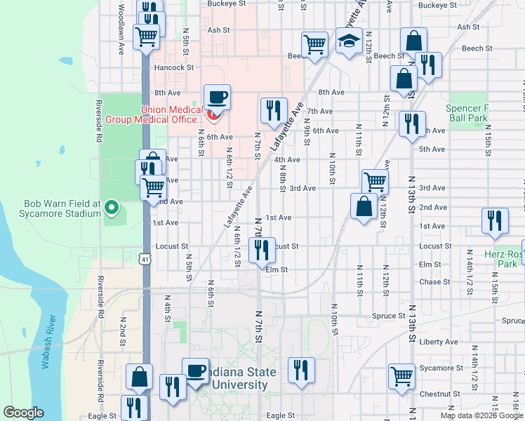 map of restaurants, bars, coffee shops, grocery stores, and more near 721 1st Avenue in Terre Haute