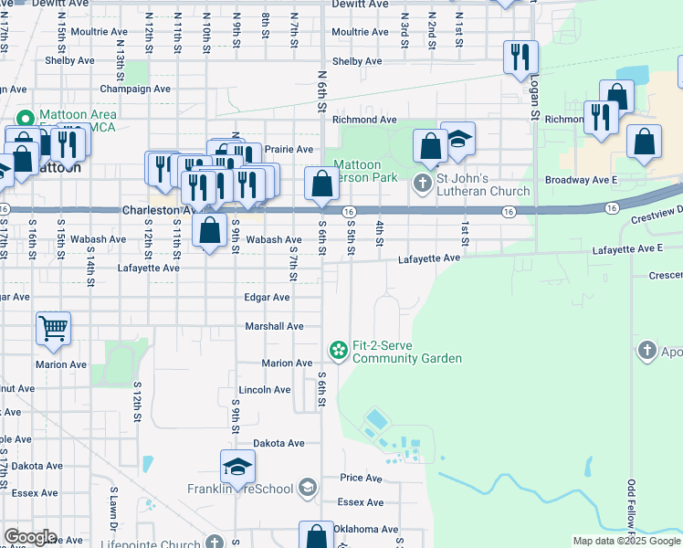 map of restaurants, bars, coffee shops, grocery stores, and more near 23-37 Lafayette Meadows in Mattoon