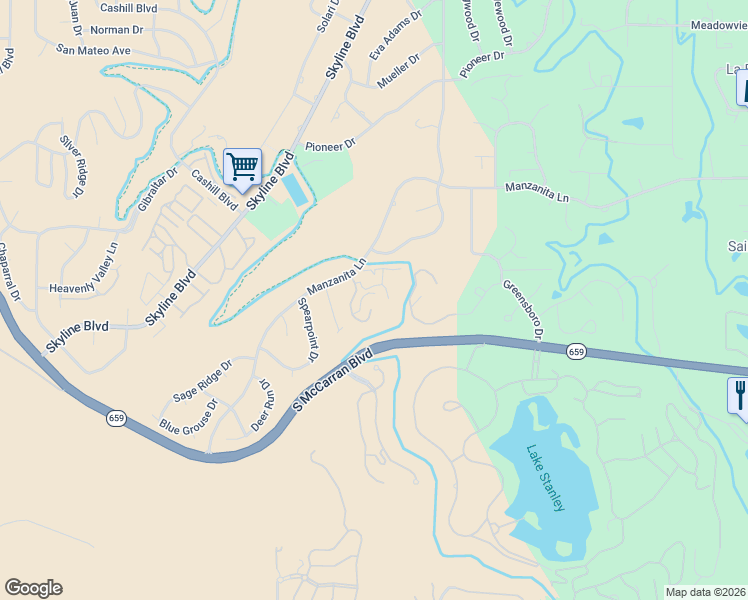 map of restaurants, bars, coffee shops, grocery stores, and more near 2490 Manzanita Lane in Reno