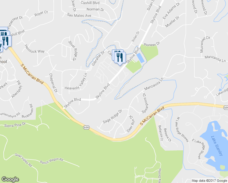 map of restaurants, bars, coffee shops, grocery stores, and more near 3610 Salerno Drive in Reno