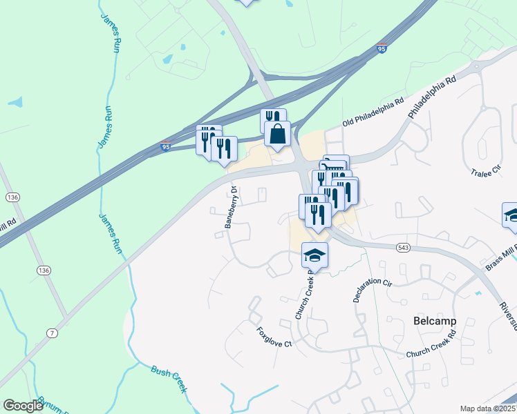map of restaurants, bars, coffee shops, grocery stores, and more near 1429 Golden Rod Court in Belcamp
