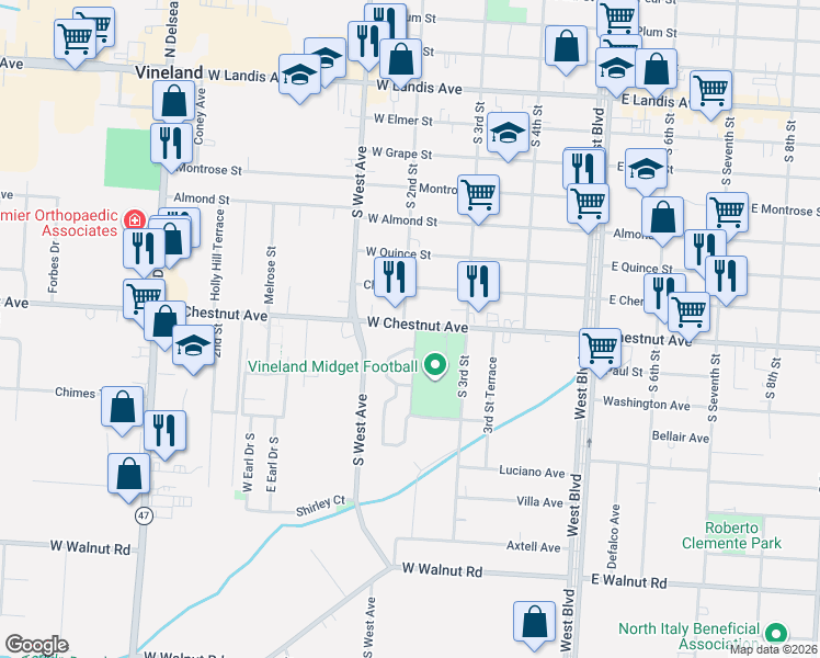 map of restaurants, bars, coffee shops, grocery stores, and more near 191 West Chestnut Avenue in Vineland