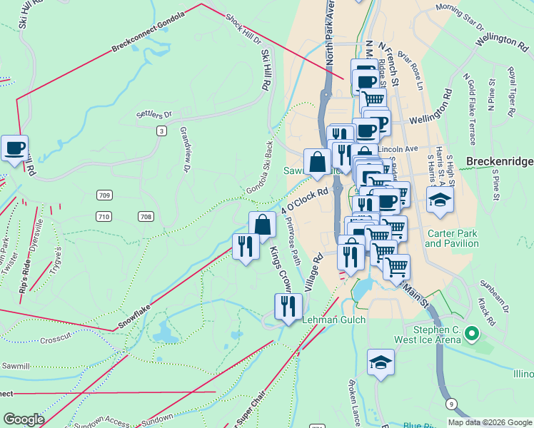 map of restaurants, bars, coffee shops, grocery stores, and more near 602 4 O Clock Road in Breckenridge