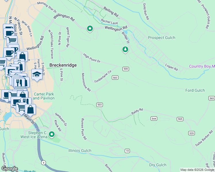 map of restaurants, bars, coffee shops, grocery stores, and more near 456 Moonstone Road in Breckenridge
