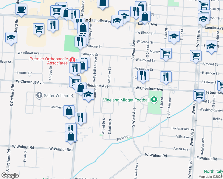 map of restaurants, bars, coffee shops, grocery stores, and more near 51 West Chestnut Avenue in Vineland