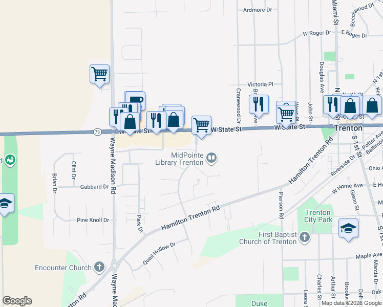 map of restaurants, bars, coffee shops, grocery stores, and more near 801 Stanford Court in Trenton