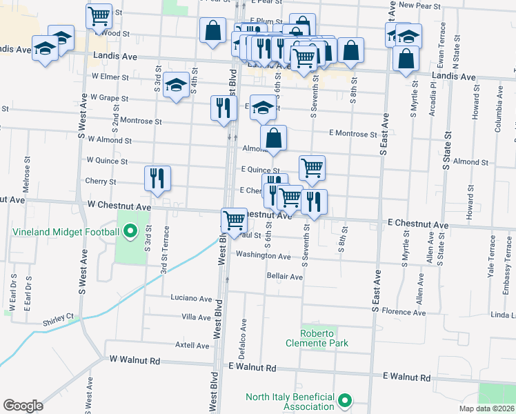 map of restaurants, bars, coffee shops, grocery stores, and more near 602 South 6th Street in Vineland