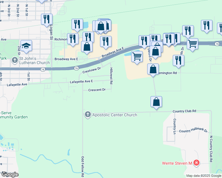 map of restaurants, bars, coffee shops, grocery stores, and more near Lafayette Ave E in Mattoon