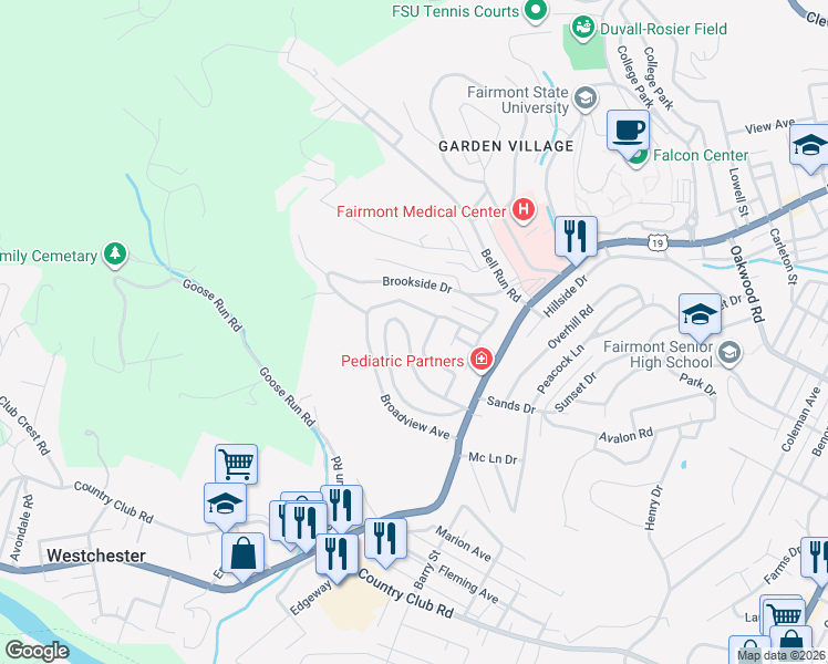 map of restaurants, bars, coffee shops, grocery stores, and more near in Fairmont