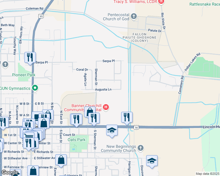 map of restaurants, bars, coffee shops, grocery stores, and more near 896 Woodhaven Drive in Fallon