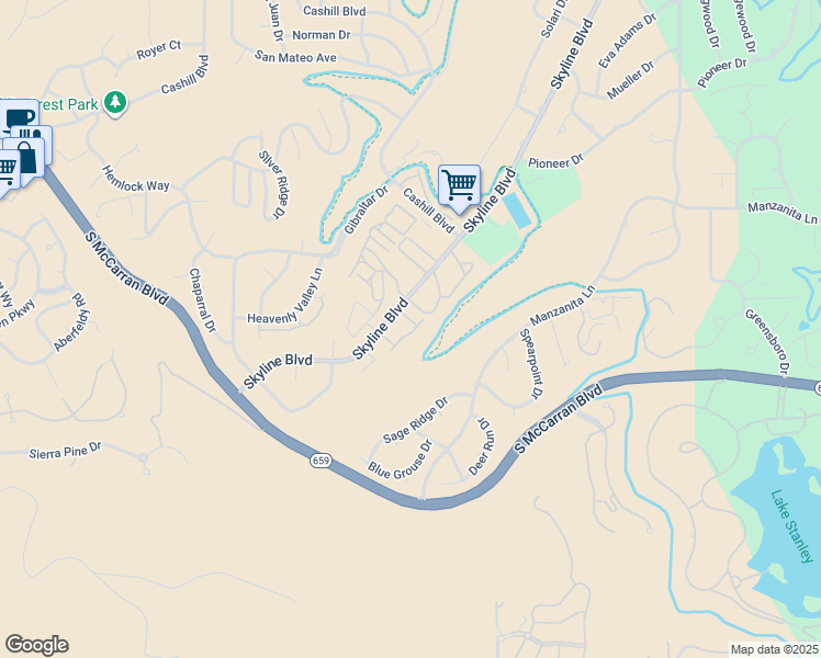 map of restaurants, bars, coffee shops, grocery stores, and more near 4591 Pisa Drive in Reno