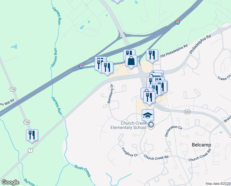 map of restaurants, bars, coffee shops, grocery stores, and more near 1425 Golden Rod Court in Belcamp