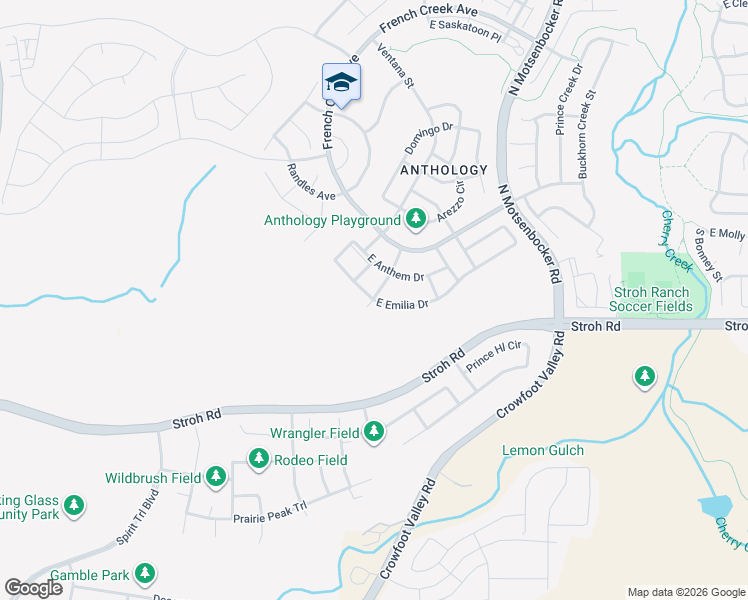 map of restaurants, bars, coffee shops, grocery stores, and more near 6490 East Stroh Road in Parker