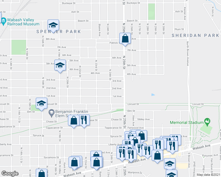 map of restaurants, bars, coffee shops, grocery stores, and more near 1100 North 24th Street in Terre Haute