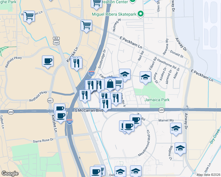 map of restaurants, bars, coffee shops, grocery stores, and more near 577 Smithridge Park in Reno