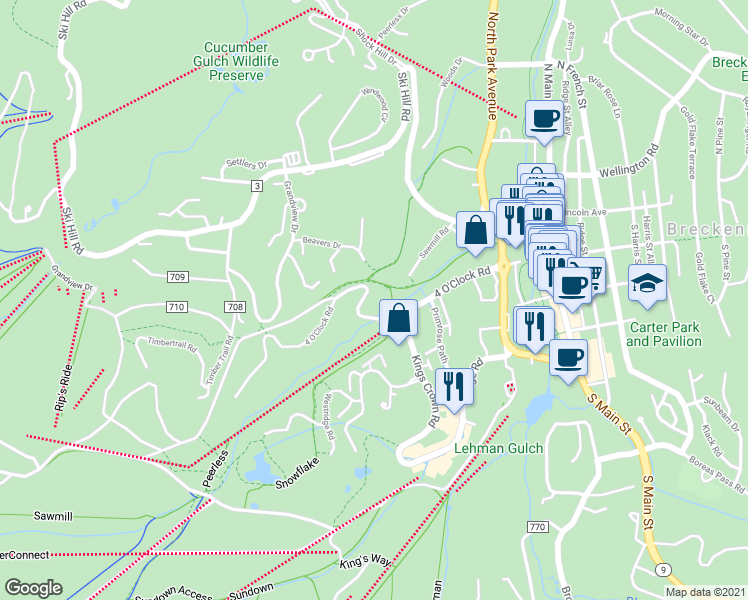 map of restaurants, bars, coffee shops, grocery stores, and more near 149 Sawmill Road in Breckenridge