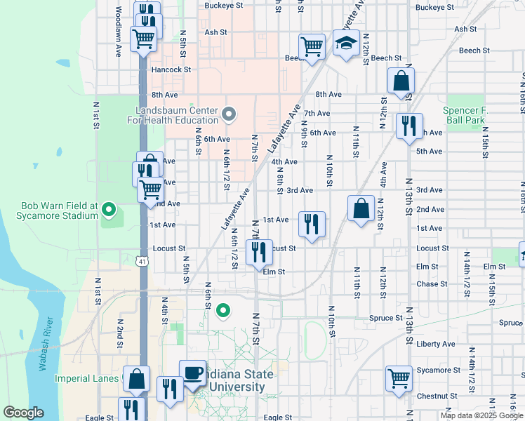 map of restaurants, bars, coffee shops, grocery stores, and more near 715 3rd Avenue in Terre Haute