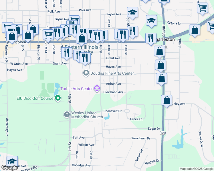 map of restaurants, bars, coffee shops, grocery stores, and more near 1906 10th Street in Charleston