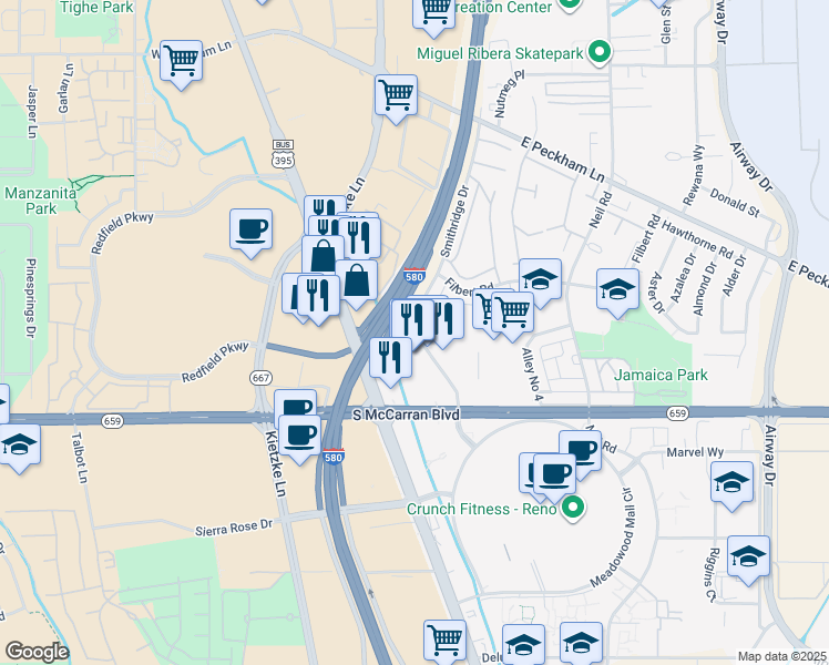map of restaurants, bars, coffee shops, grocery stores, and more near 5000 Smithridge Drive in Reno