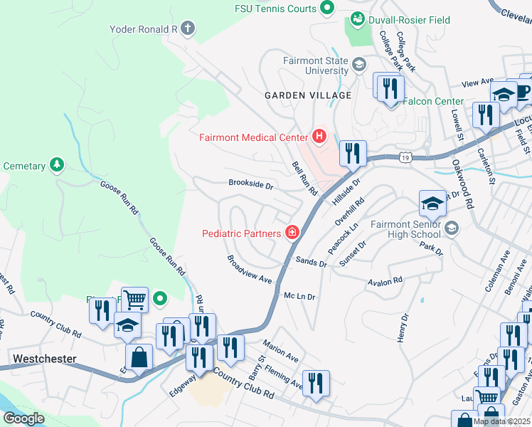 map of restaurants, bars, coffee shops, grocery stores, and more near in Fairmont