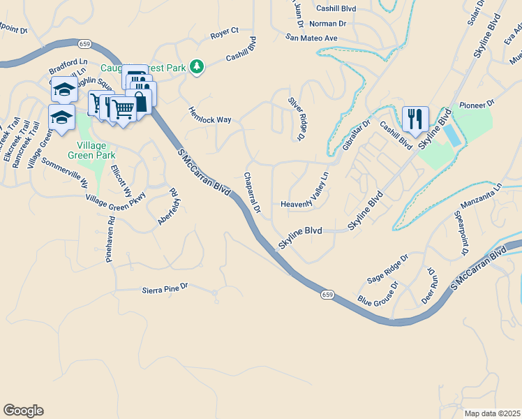 map of restaurants, bars, coffee shops, grocery stores, and more near 2676 Chaparral Drive in Reno