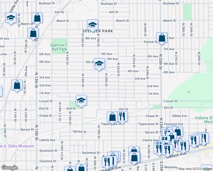 map of restaurants, bars, coffee shops, grocery stores, and more near 1101 North 20th Street in Terre Haute