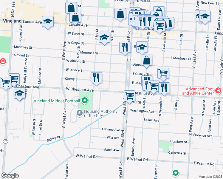 map of restaurants, bars, coffee shops, grocery stores, and more near 411 West Cherry Street in Vineland