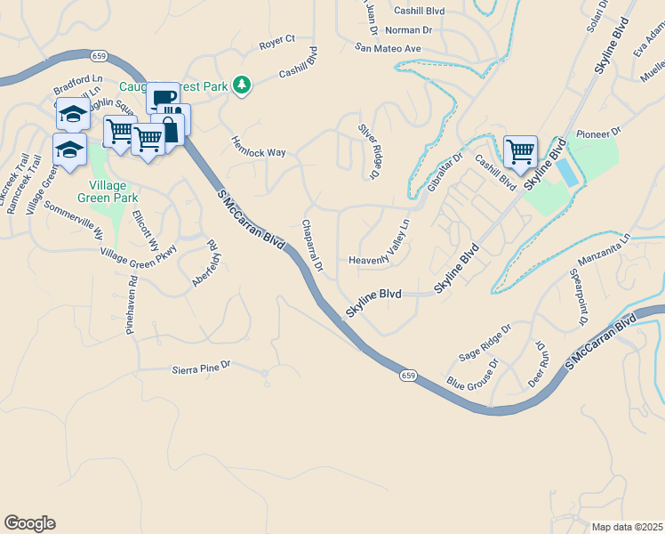 map of restaurants, bars, coffee shops, grocery stores, and more near 2646 Chaparral Drive in Reno