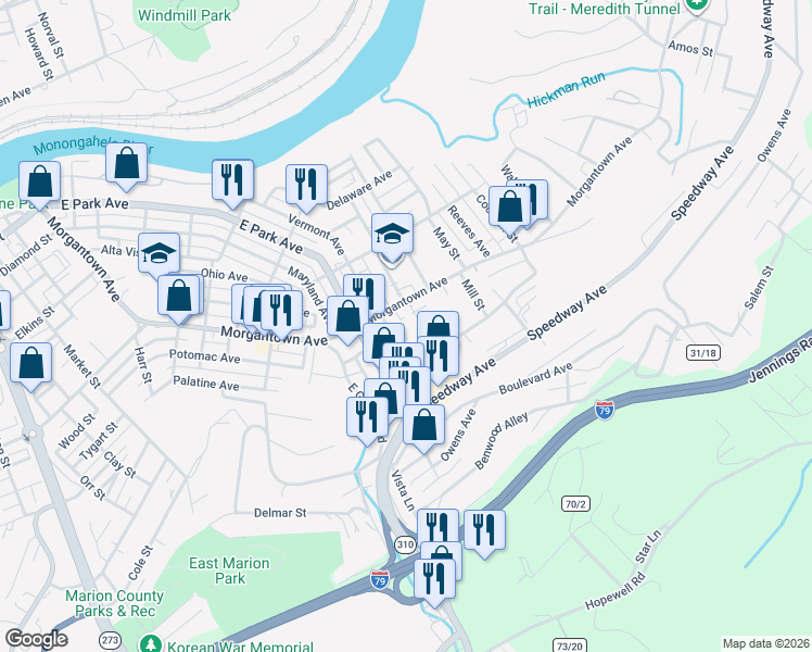 map of restaurants, bars, coffee shops, grocery stores, and more near 100-138 Coogle St in Fairmont