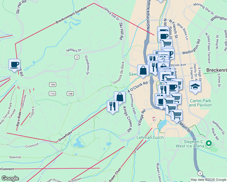 map of restaurants, bars, coffee shops, grocery stores, and more near 149 Sawmill Road in Breckenridge
