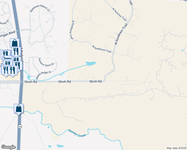 map of restaurants, bars, coffee shops, grocery stores, and more near 7539 Stroh Road in Parker