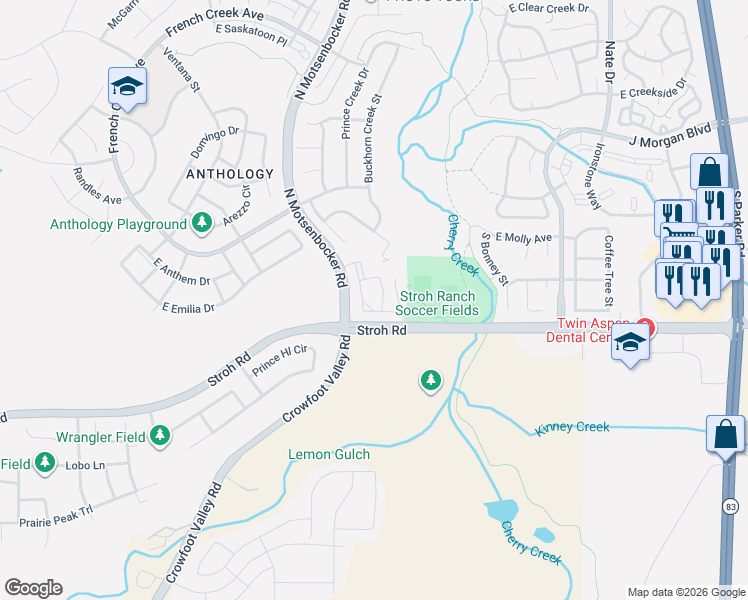 map of restaurants, bars, coffee shops, grocery stores, and more near 18611 Stroh Road in Parker