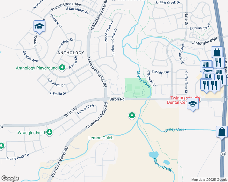 map of restaurants, bars, coffee shops, grocery stores, and more near 18657 Stroh Road in Parker