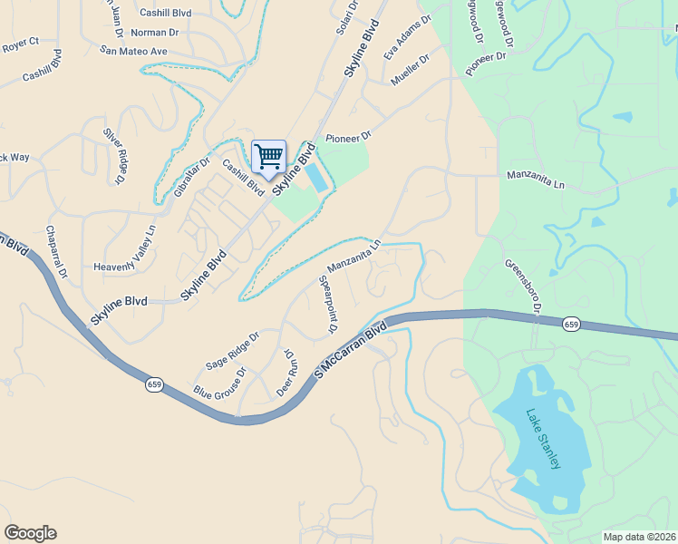 map of restaurants, bars, coffee shops, grocery stores, and more near 2505 Manzanita Lane in Reno