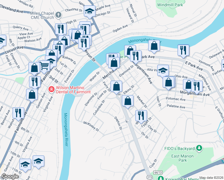 map of restaurants, bars, coffee shops, grocery stores, and more near in Fairmont