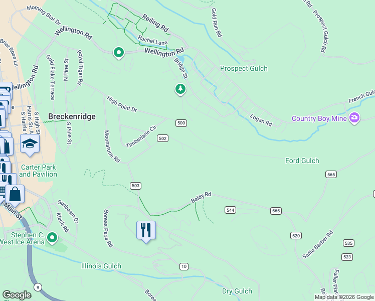 map of restaurants, bars, coffee shops, grocery stores, and more near 647 Moonstone Road in Breckenridge