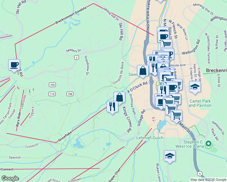 map of restaurants, bars, coffee shops, grocery stores, and more near 149 Sawmill Road in Breckenridge