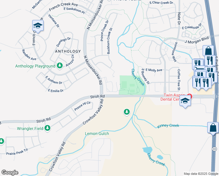 map of restaurants, bars, coffee shops, grocery stores, and more near 18611 Stroh Road in Parker