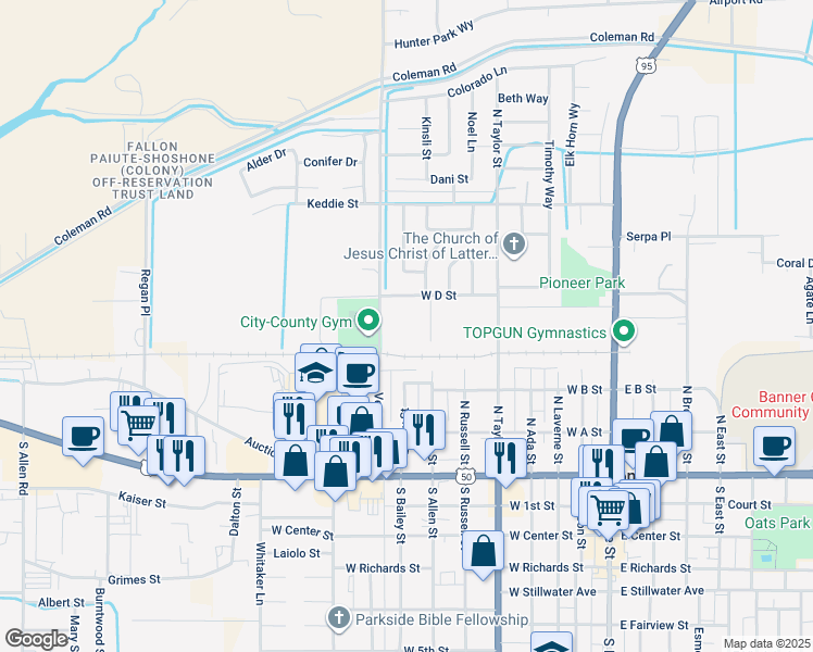 map of restaurants, bars, coffee shops, grocery stores, and more near 340 Venturacci Lane in Fallon