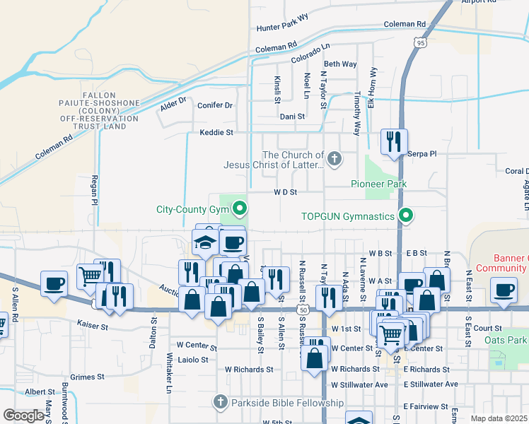 map of restaurants, bars, coffee shops, grocery stores, and more near 340 Venturacci Lane in Fallon