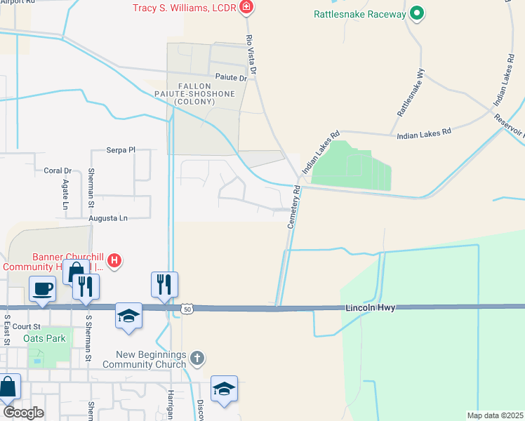 map of restaurants, bars, coffee shops, grocery stores, and more near 1346 Blue Sage Drive in Fallon