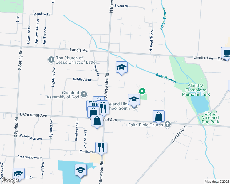 map of restaurants, bars, coffee shops, grocery stores, and more near 259 South Brewster Road in Vineland