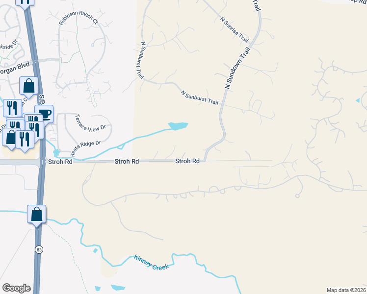 map of restaurants, bars, coffee shops, grocery stores, and more near 7539 Stroh Road in Parker