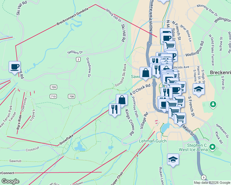 map of restaurants, bars, coffee shops, grocery stores, and more near 149 Sawmill Road in Breckenridge