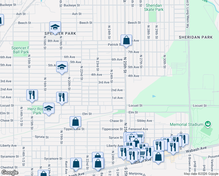 map of restaurants, bars, coffee shops, grocery stores, and more near 1100-1198 North 24th Street in Terre Haute